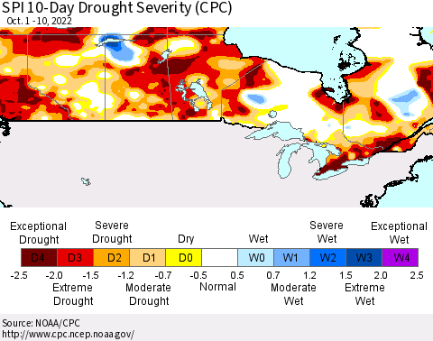 Canada SPI 10-Day Drought Severity (CPC) Thematic Map For 10/1/2022 - 10/10/2022