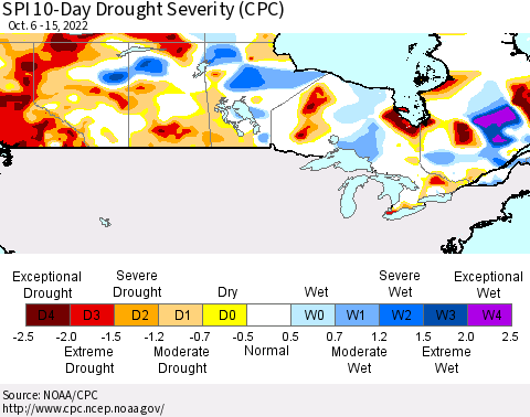 Canada SPI 10-Day Drought Severity (CPC) Thematic Map For 10/6/2022 - 10/15/2022