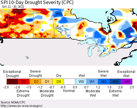 Canada SPI 10-Day Drought Severity (CPC) Thematic Map For 10/11/2022 - 10/20/2022