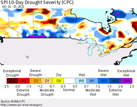 Canada SPI 10-Day Drought Severity (CPC) Thematic Map For 10/16/2022 - 10/25/2022