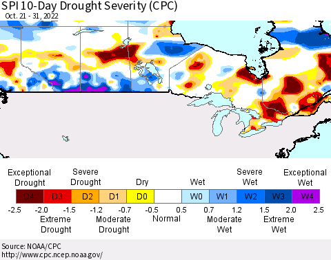 Canada SPI 10-Day Drought Severity (CPC) Thematic Map For 10/21/2022 - 10/31/2022