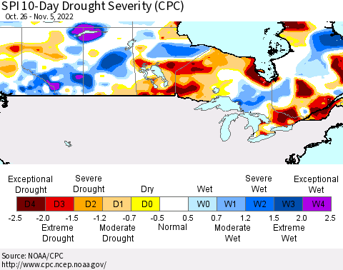 Canada SPI 10-Day Drought Severity (CPC) Thematic Map For 10/26/2022 - 11/5/2022