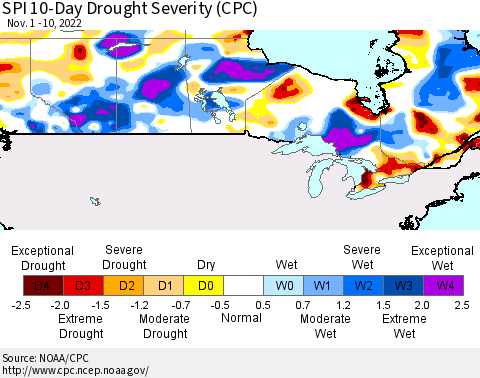 Canada SPI 10-Day Drought Severity (CPC) Thematic Map For 11/1/2022 - 11/10/2022