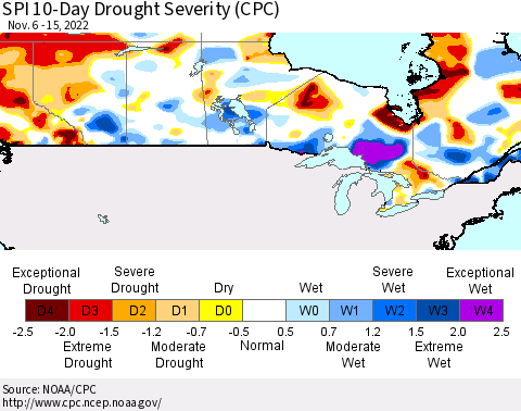 Canada SPI 10-Day Drought Severity (CPC) Thematic Map For 11/6/2022 - 11/15/2022