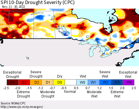 Canada SPI 10-Day Drought Severity (CPC) Thematic Map For 11/11/2022 - 11/20/2022