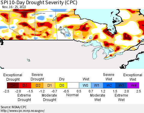 Canada SPI 10-Day Drought Severity (CPC) Thematic Map For 11/16/2022 - 11/25/2022