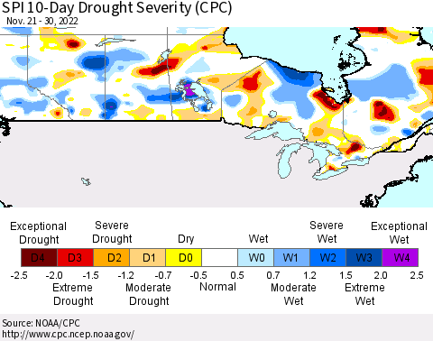 Canada SPI 10-Day Drought Severity (CPC) Thematic Map For 11/21/2022 - 11/30/2022