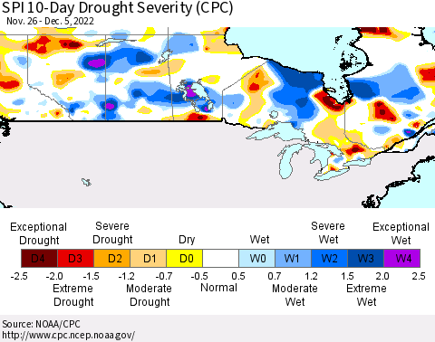 Canada SPI 10-Day Drought Severity (CPC) Thematic Map For 11/26/2022 - 12/5/2022