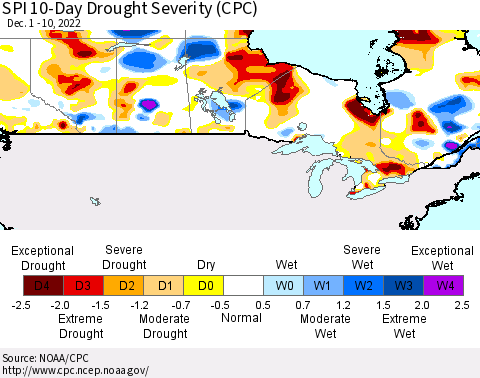 Canada SPI 10-Day Drought Severity (CPC) Thematic Map For 12/1/2022 - 12/10/2022