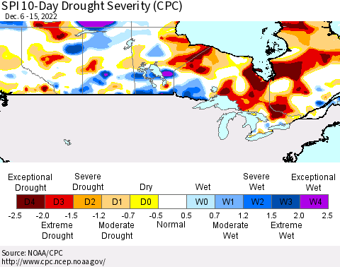 Canada SPI 10-Day Drought Severity (CPC) Thematic Map For 12/6/2022 - 12/15/2022