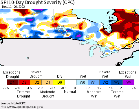 Canada SPI 10-Day Drought Severity (CPC) Thematic Map For 12/11/2022 - 12/20/2022