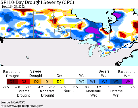 Canada SPI 10-Day Drought Severity (CPC) Thematic Map For 12/16/2022 - 12/25/2022