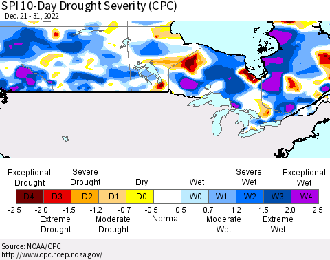 Canada SPI 10-Day Drought Severity (CPC) Thematic Map For 12/21/2022 - 12/31/2022