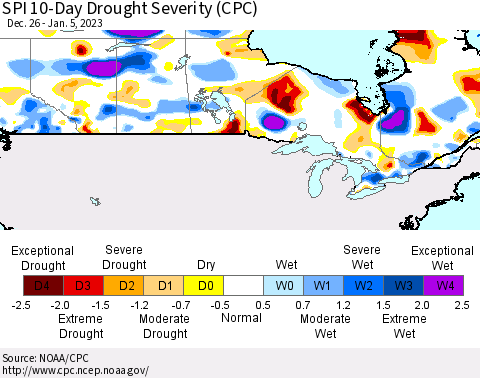 Canada SPI 10-Day Drought Severity (CPC) Thematic Map For 12/26/2022 - 1/5/2023