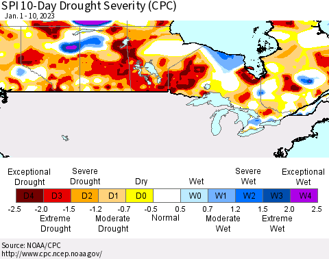 Canada SPI 10-Day Drought Severity (CPC) Thematic Map For 1/1/2023 - 1/10/2023
