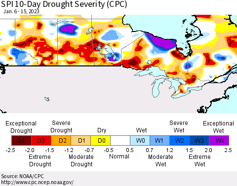 Canada SPI 10-Day Drought Severity (CPC) Thematic Map For 1/6/2023 - 1/15/2023