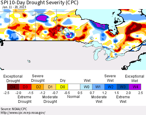 Canada SPI 10-Day Drought Severity (CPC) Thematic Map For 1/11/2023 - 1/20/2023