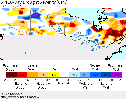 Canada SPI 10-Day Drought Severity (CPC) Thematic Map For 1/16/2023 - 1/25/2023