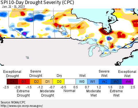 Canada SPI 10-Day Drought Severity (CPC) Thematic Map For 1/21/2023 - 1/31/2023