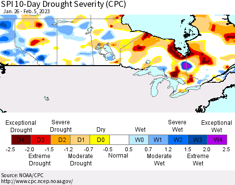 Canada SPI 10-Day Drought Severity (CPC) Thematic Map For 1/26/2023 - 2/5/2023