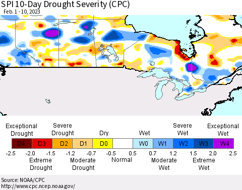 Canada SPI 10-Day Drought Severity (CPC) Thematic Map For 2/1/2023 - 2/10/2023