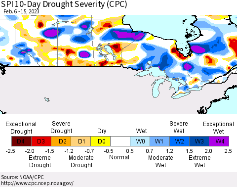Canada SPI 10-Day Drought Severity (CPC) Thematic Map For 2/6/2023 - 2/15/2023