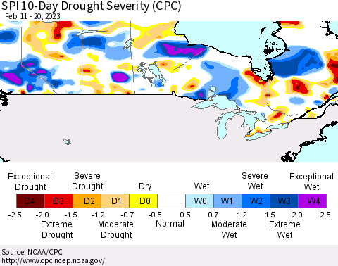 Canada SPI 10-Day Drought Severity (CPC) Thematic Map For 2/11/2023 - 2/20/2023