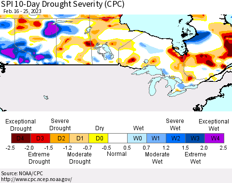 Canada SPI 10-Day Drought Severity (CPC) Thematic Map For 2/16/2023 - 2/25/2023