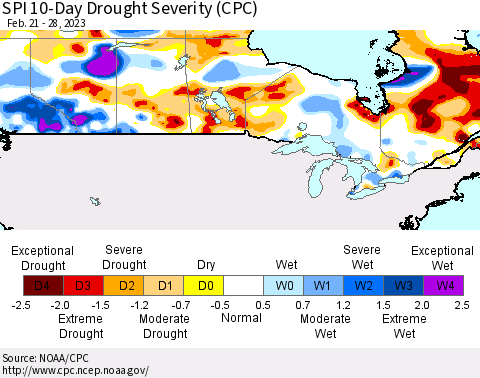 Canada SPI 10-Day Drought Severity (CPC) Thematic Map For 2/21/2023 - 2/28/2023