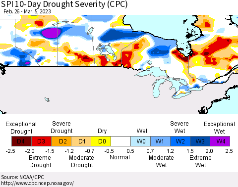 Canada SPI 10-Day Drought Severity (CPC) Thematic Map For 2/26/2023 - 3/5/2023