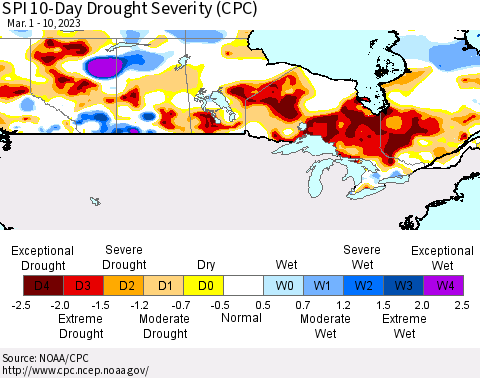 Canada SPI 10-Day Drought Severity (CPC) Thematic Map For 3/1/2023 - 3/10/2023