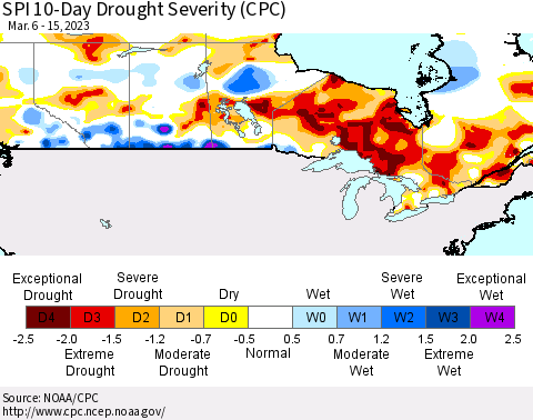 Canada SPI 10-Day Drought Severity (CPC) Thematic Map For 3/6/2023 - 3/15/2023