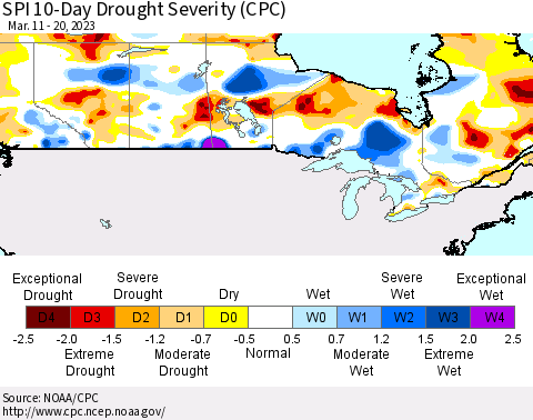 Canada SPI 10-Day Drought Severity (CPC) Thematic Map For 3/11/2023 - 3/20/2023