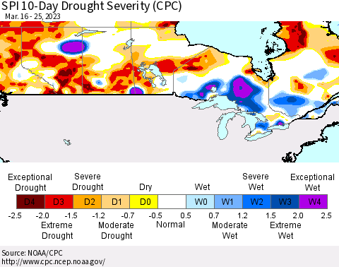 Canada SPI 10-Day Drought Severity (CPC) Thematic Map For 3/16/2023 - 3/25/2023