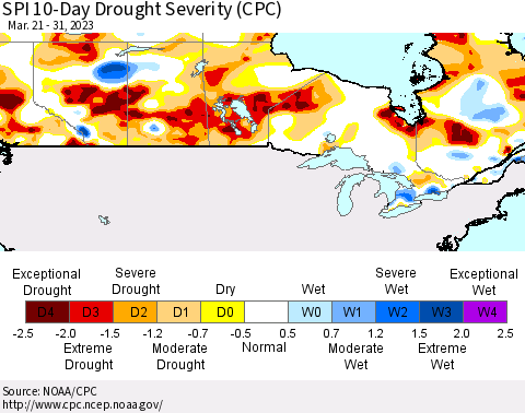 Canada SPI 10-Day Drought Severity (CPC) Thematic Map For 3/21/2023 - 3/31/2023