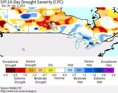 Canada SPI 10-Day Drought Severity (CPC) Thematic Map For 3/26/2023 - 4/5/2023
