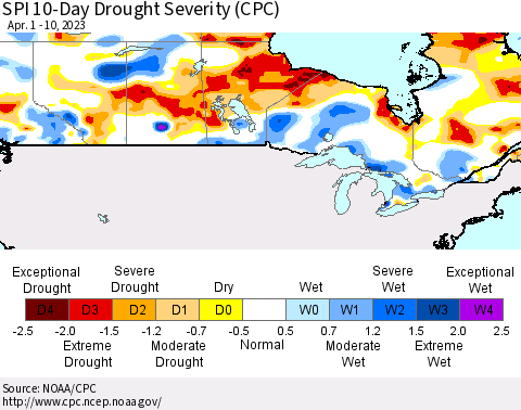 Canada SPI 10-Day Drought Severity (CPC) Thematic Map For 4/1/2023 - 4/10/2023
