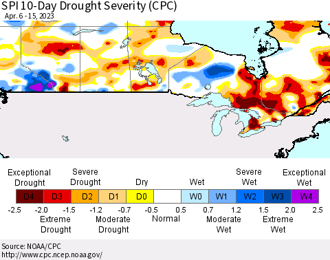 Canada SPI 10-Day Drought Severity (CPC) Thematic Map For 4/6/2023 - 4/15/2023