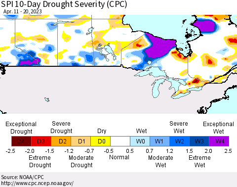 Canada SPI 10-Day Drought Severity (CPC) Thematic Map For 4/11/2023 - 4/20/2023