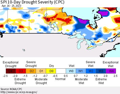 Canada SPI 10-Day Drought Severity (CPC) Thematic Map For 4/16/2023 - 4/25/2023