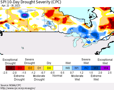 Canada SPI 10-Day Drought Severity (CPC) Thematic Map For 4/21/2023 - 4/30/2023