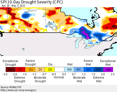 Canada SPI 10-Day Drought Severity (CPC) Thematic Map For 4/26/2023 - 5/5/2023