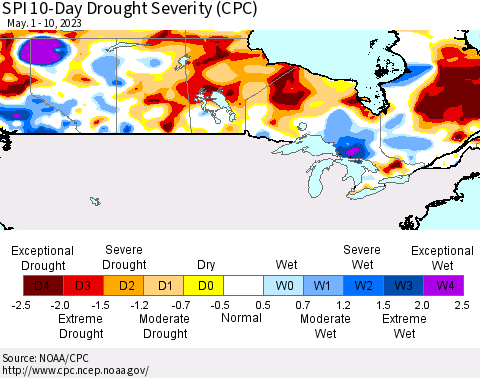 Canada SPI 10-Day Drought Severity (CPC) Thematic Map For 5/1/2023 - 5/10/2023