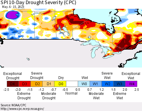 Canada SPI 10-Day Drought Severity (CPC) Thematic Map For 5/6/2023 - 5/15/2023