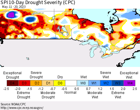 Canada SPI 10-Day Drought Severity (CPC) Thematic Map For 5/11/2023 - 5/20/2023