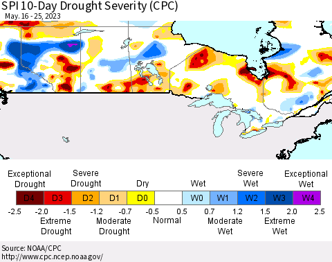 Canada SPI 10-Day Drought Severity (CPC) Thematic Map For 5/16/2023 - 5/25/2023