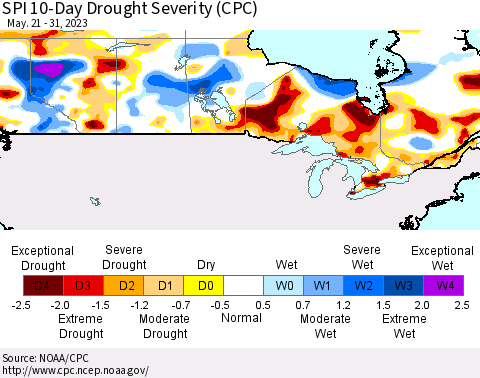 Canada SPI 10-Day Drought Severity (CPC) Thematic Map For 5/21/2023 - 5/31/2023