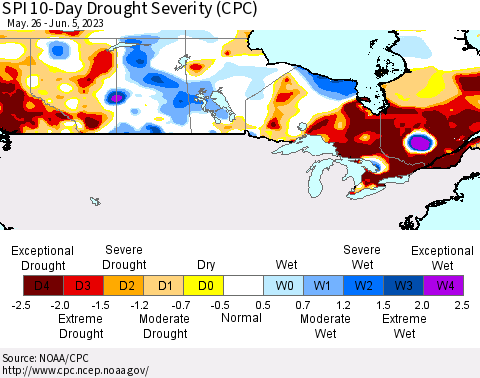 Canada SPI 10-Day Drought Severity (CPC) Thematic Map For 5/26/2023 - 6/5/2023