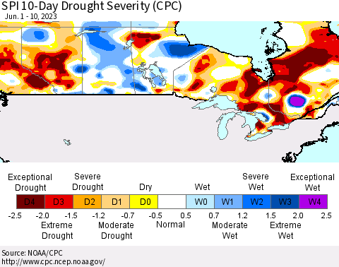 Canada SPI 10-Day Drought Severity (CPC) Thematic Map For 6/1/2023 - 6/10/2023