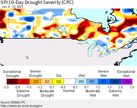 Canada SPI 10-Day Drought Severity (CPC) Thematic Map For 6/6/2023 - 6/15/2023